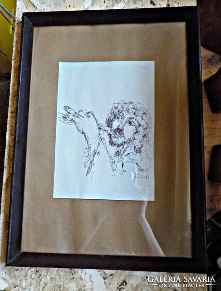 Ink drawing picture in wooden frame with unknown signature