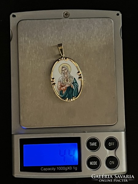 Gold fire enamel Virgin Mary pendant porcelain showy size