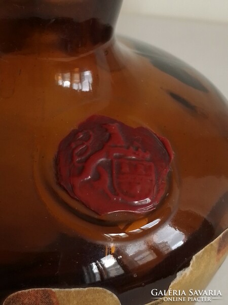 Antique old brown glass cherry brandy drinking glass bottle, Hungarian liquor company unicum liquor factory