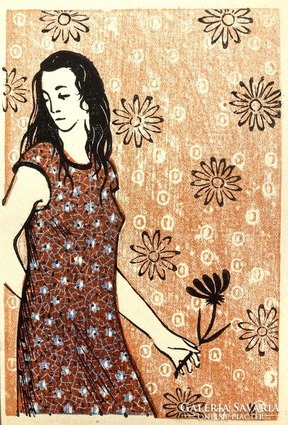 Lajos Kós Kirschler (1924-2008): flower girl, color woodcut, 1948
