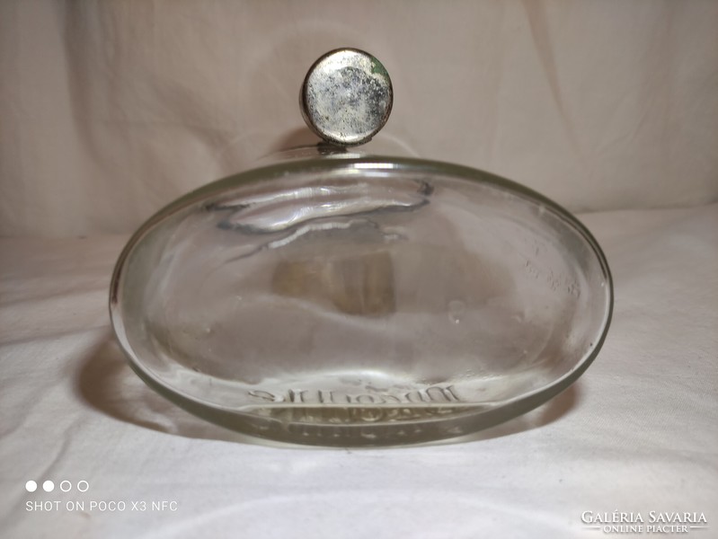 Nagy méretű jelzett MARVEL POPPY Cologne Water antik parfümös üveg dugóval fém mérőedénnyel