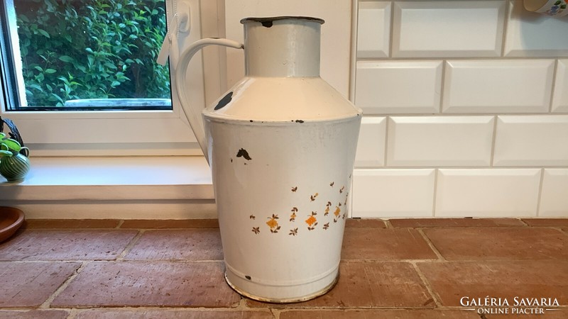 Old, large,, enameled with flowers on a white background, village water jug, vintage,