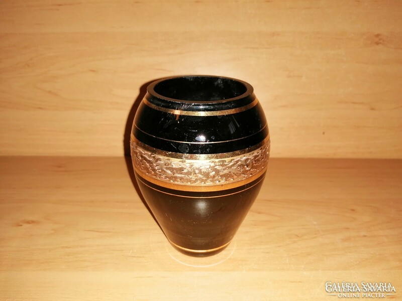 Moser típusú arany díszítésű fekete üveg váza 11 cm (22/d)