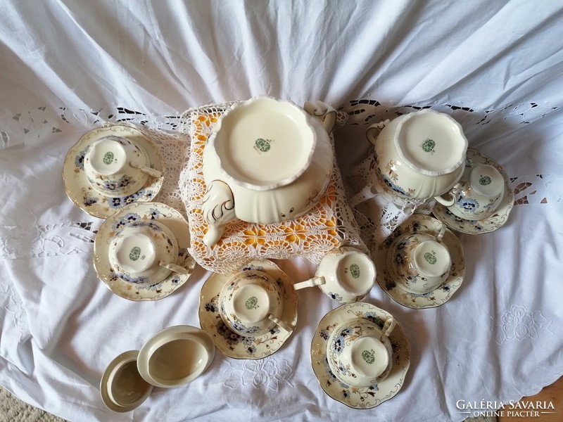 Zsolnay, búzavirág mintás porcelán, mesterfestő által festett, hat személyes teáskészlet