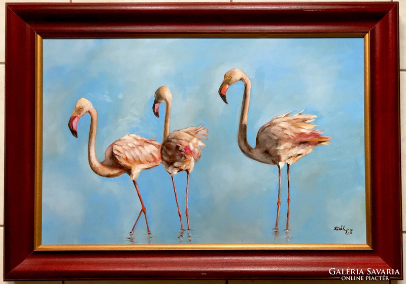 Flamingo family - framed oil painting - 44.7 x 66.1 cm