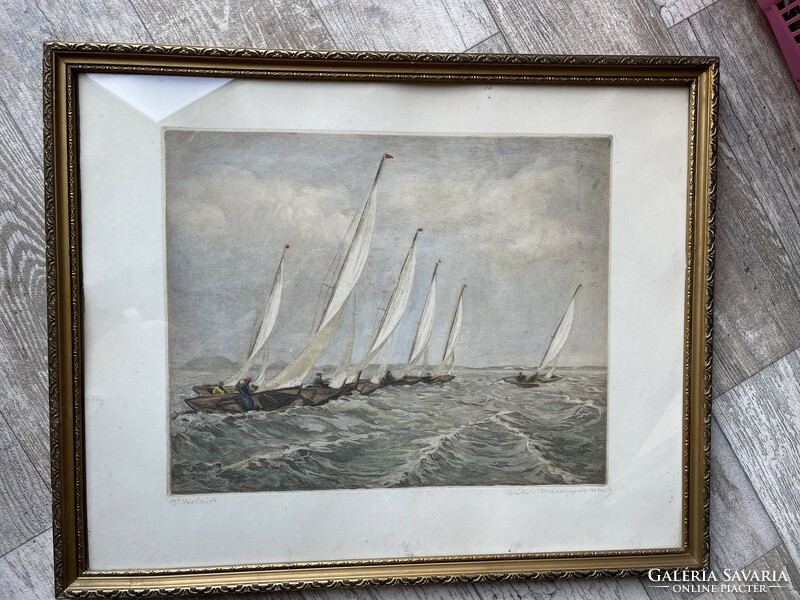 József Csáky Maronyák: sailboats colored etching