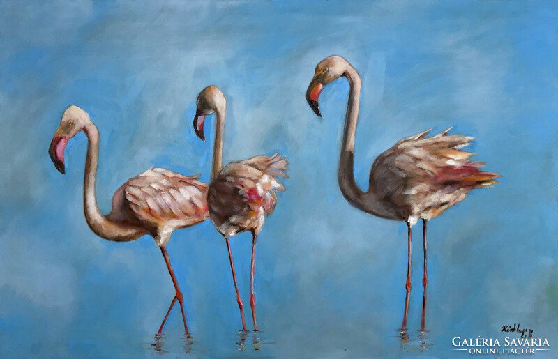 Flamingo family - framed oil painting - 44.7 x 66.1 cm