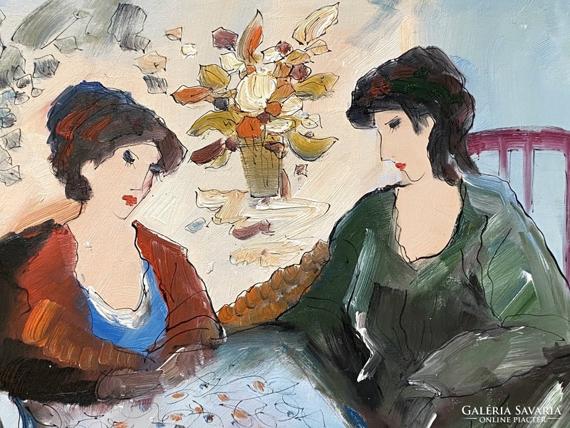 Girlfriends discussing marked oil canvas painting 51 x 60 cm