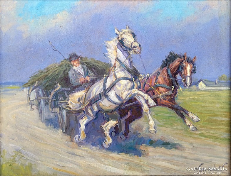Kolozsváry Kamilló (1936 - 2008) Vágtázó Szekér c. festménye Eredeti Garanciával!