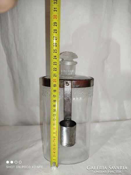 Large antique perfume bottle with Dralle mark, matching box. Protected marked measuring vessel