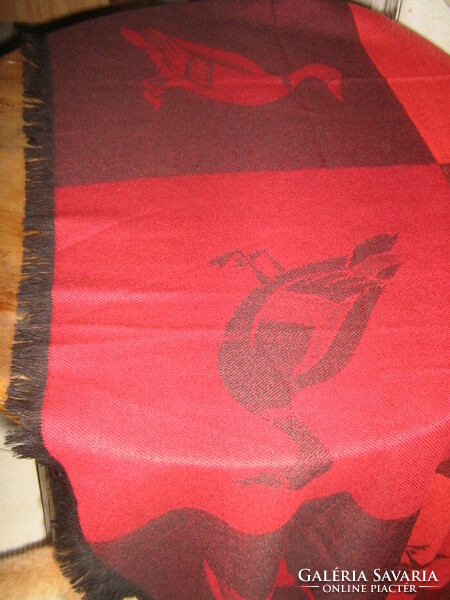 Beautiful duck pattern on fluffy soft woven tablecloth in shades of red black