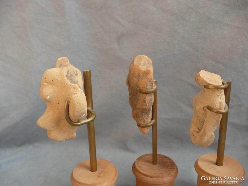 3 pieces of antique tile sculpture pre-Columbian terracotta sculpture fragments on a new display stand