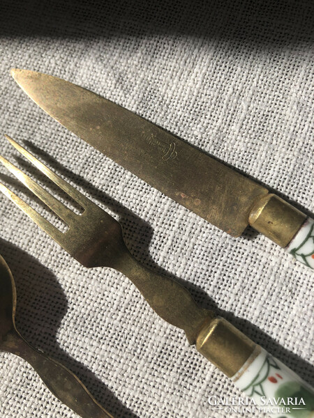 Antik desszert/gyömölcs kés villa kanál festett porelán+bronz