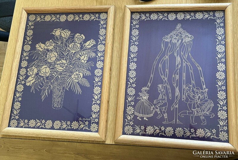 Etching in a pair, purple shade, roses and maypole