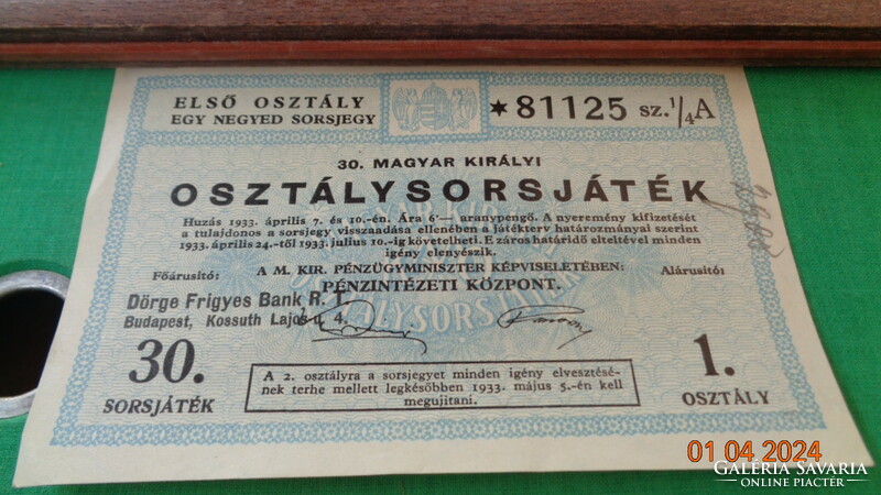 30. Hungarian royal lottery, ticket, 1933.