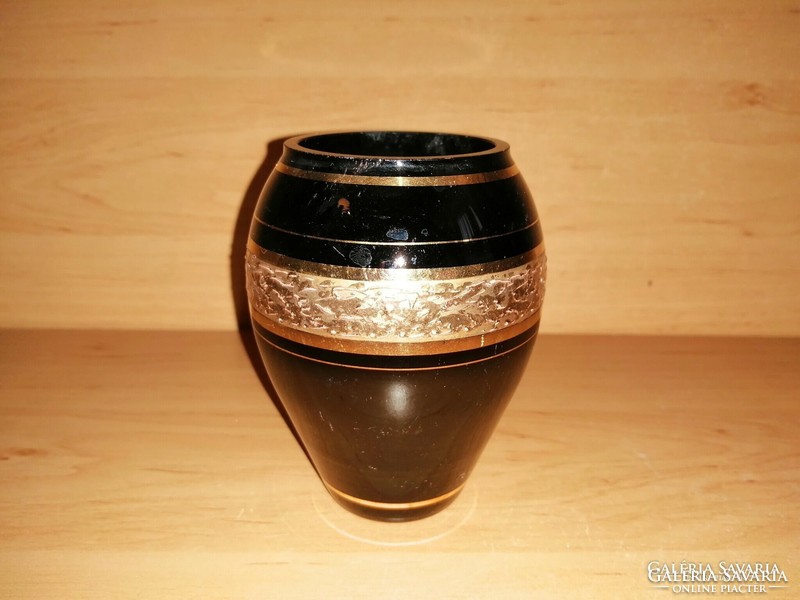 Moser típusú arany díszítésű fekete üveg váza 11 cm (22/d)