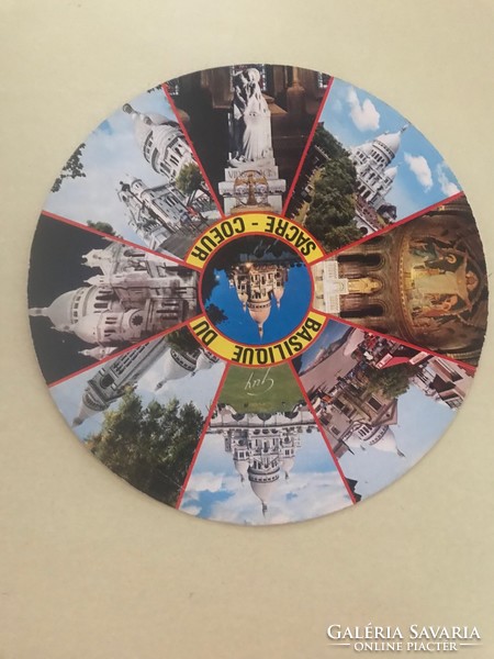 Traveling memory, souvenir. Foreign postcard available in shops. Colorful, round. Written. Paris. Sacre-coeur