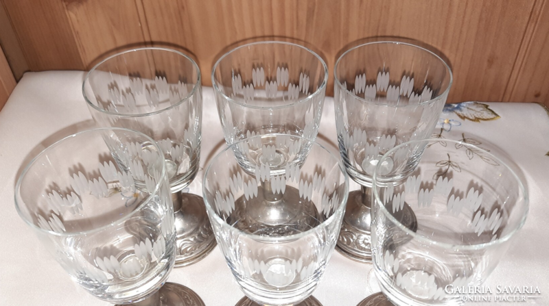 Old set of polished glass glasses with metal base, with alpaca tray