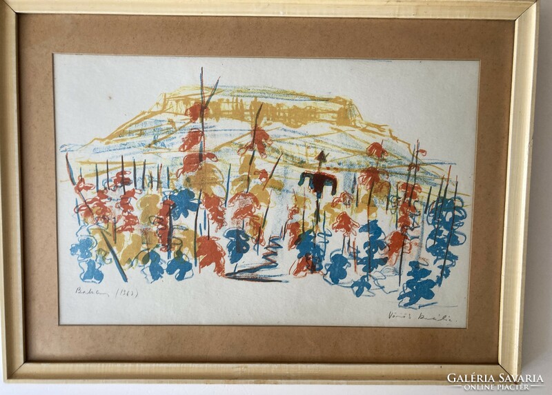 Rozália Vörös (1919-1992): Badacsony, Balaton, 1963. Colored, marked artistic lithograph, framed