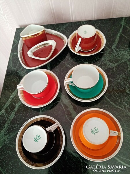 Art deco colored Raven House porcelain coffee cup + saucer and cigarette set