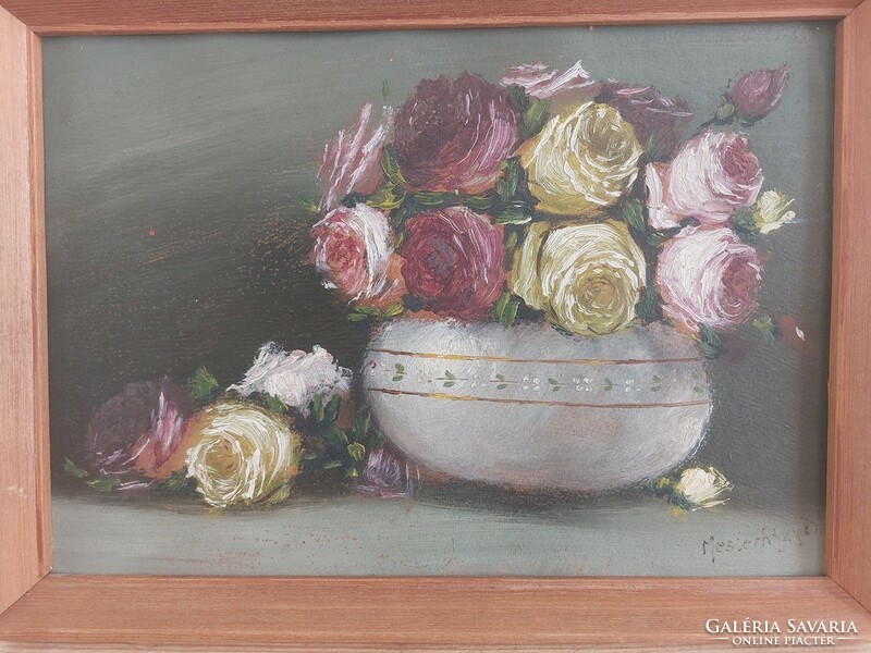 (K) Mesterházy Dénes szép kis virágcsendélet festménye 35x25 cm kerettel