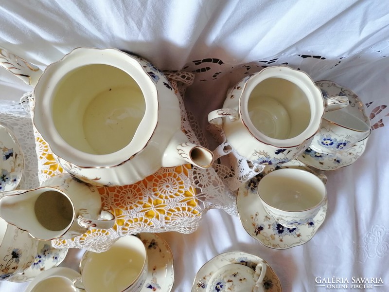 Zsolnay, búzavirág mintás porcelán, mesterfestő által festett, hat személyes teáskészlet