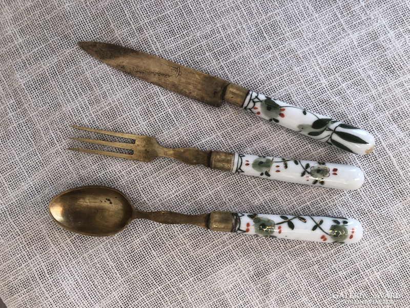 Antique dessert/fruit knife fork spoon painted porcelain+bronze