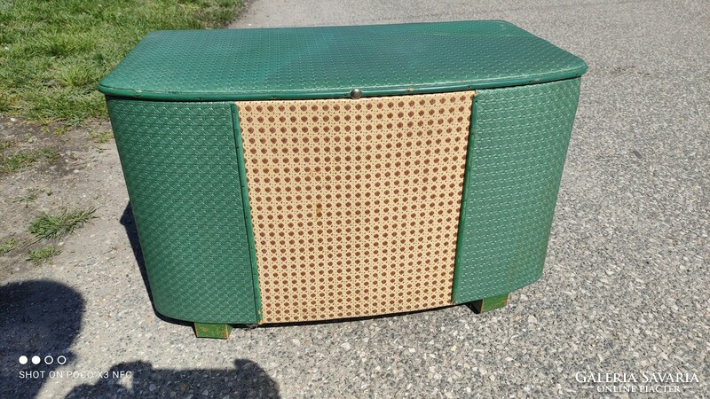 Mid century wooden storage chest with decorative pattern vinyl covering 1960s