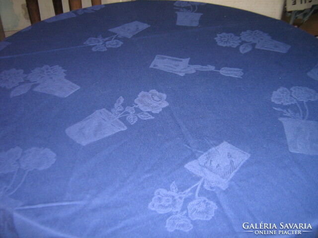 Beautiful floral blue oval woven damask tablecloth