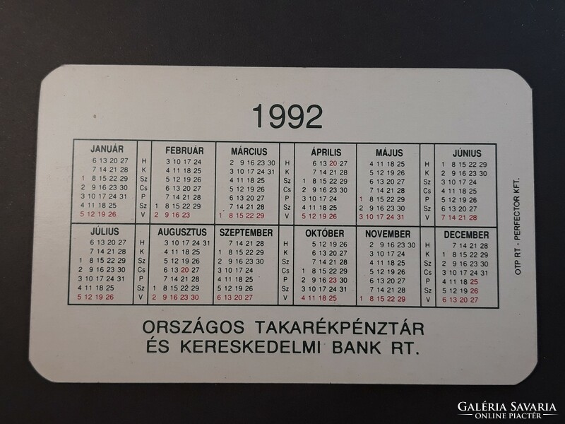 Kártyanaptár 1992 - OTP Bank feliratos retró, régi zsebnaptár