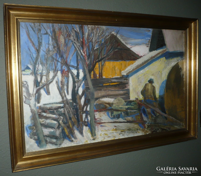 Ezüst György(1935-2017) "Tanya télen" című olaj-vászon, szignózott képcsarnokos festménye