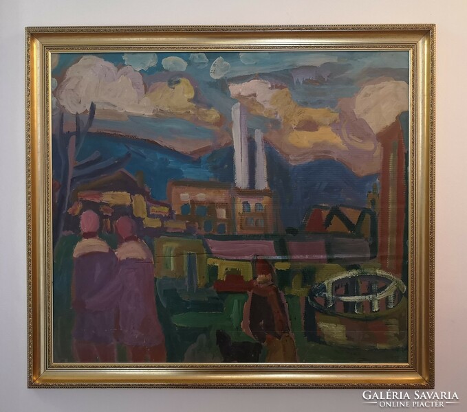 Miklós Cs. Németh (1934-2012): a factory Sunday. Large, rare, early oil painting.