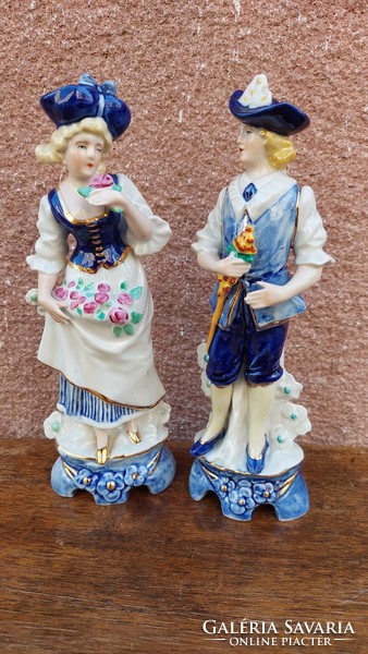 Német úri pár porcelán szobor, 2 db Lippelsdorf Echt Kobalt