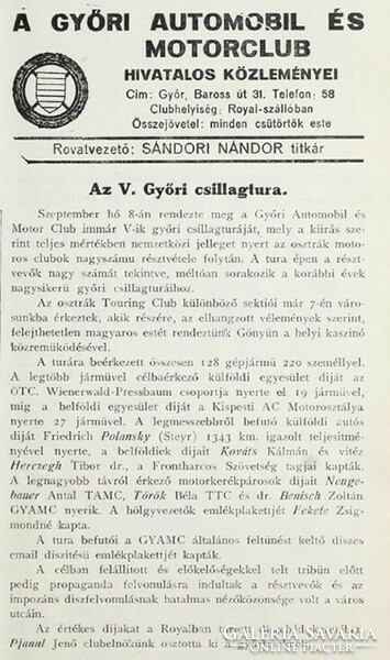 GYAMC Győri Automobil és Motor Club Csillagtúra 1935 hűtőrács plakett