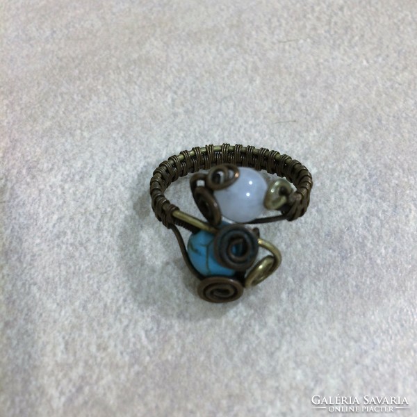 Handmade coiled copper wire ring with turquoise and moonstone