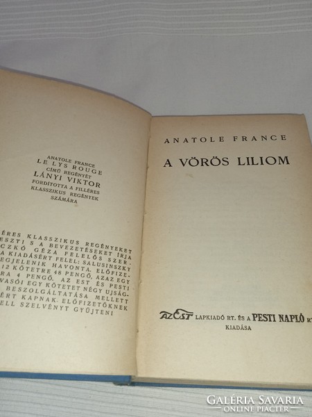 Anatole France - A vörös liliom  - antikvár könyv Est És Pesti Napló
