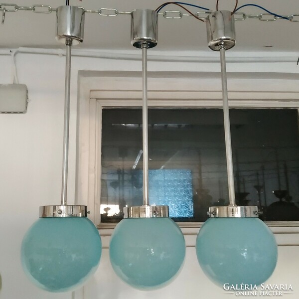 Bauhaus - Art deco menyezeti lámpa trió felújítva - kék gömb búra