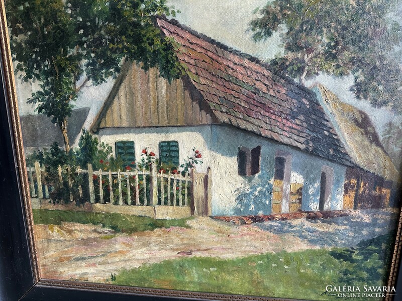 A painting of a farmhouse