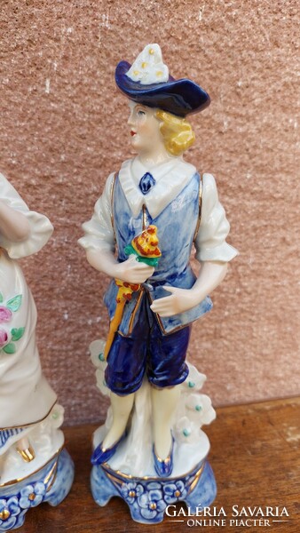 Német úri pár porcelán szobor, 2 db Lippelsdorf Echt Kobalt