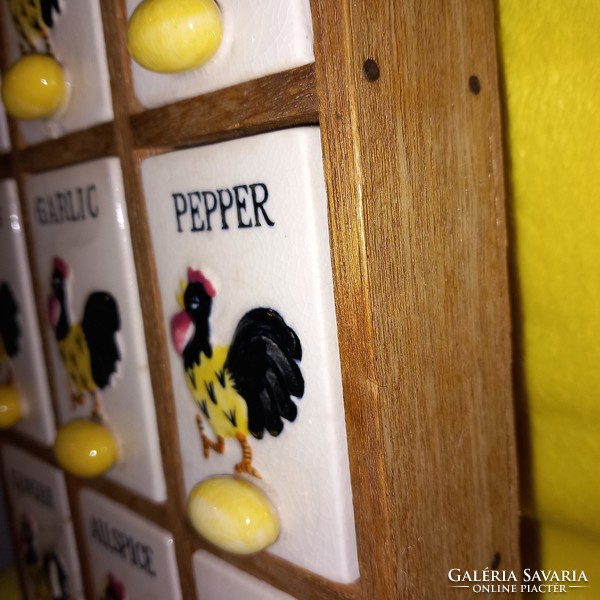 Wooden wall-mounted spice rack with rooster-hen spice sprayer. Japan marked.