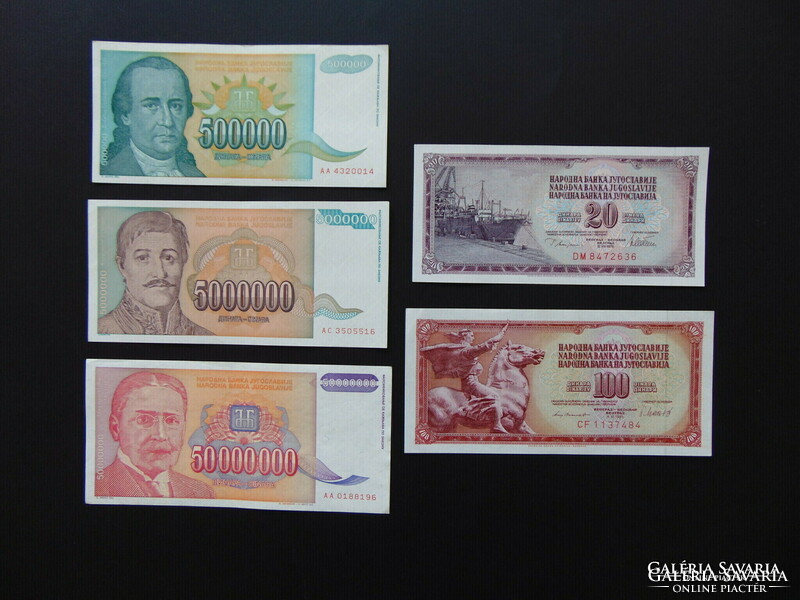Lot of 5 unfolded dinar banknotes of Yugoslavia!