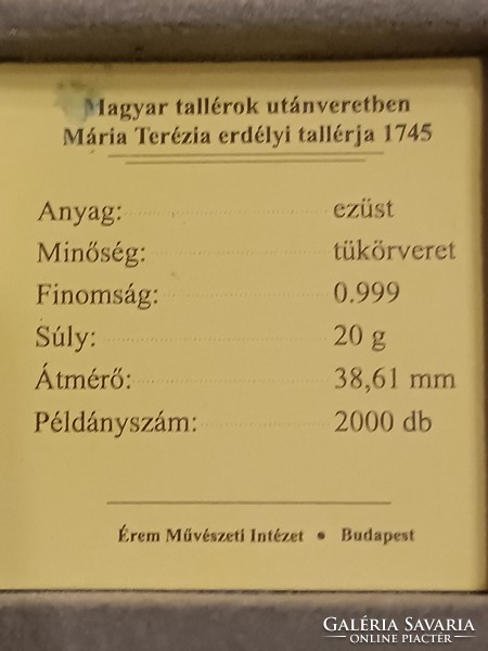 Magyar tallérok utánveretben Mária Terézia erdélyi tallérja 1745. 999 ezüst