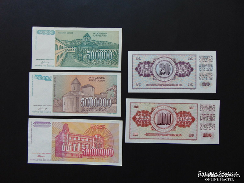 Jugoszlávia 5 darab hajtatlan dinár bankjegy LOT !