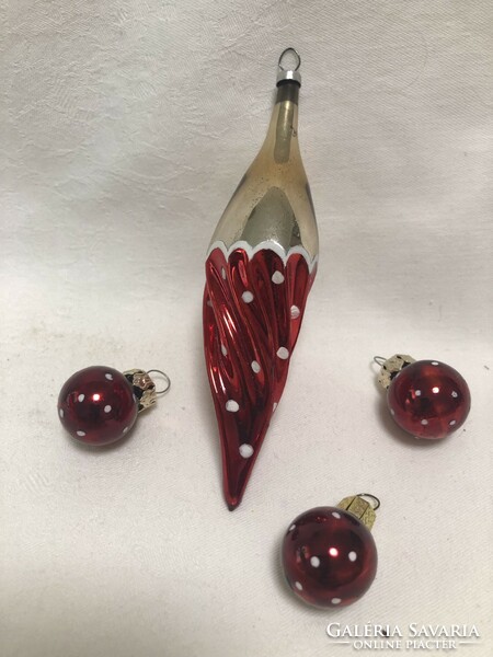 Antique, old glass Christmas tree decoration, red polka dot icicle