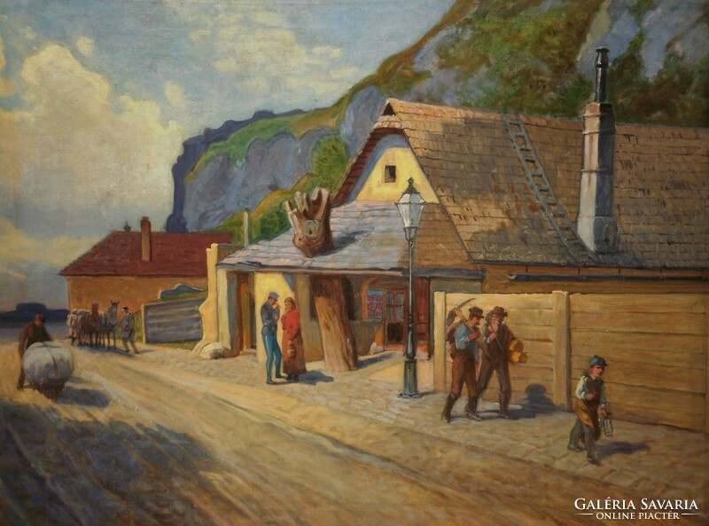 Mányai József (1875-) : Utca alakokkal (Gellért-hegy lábánál?)