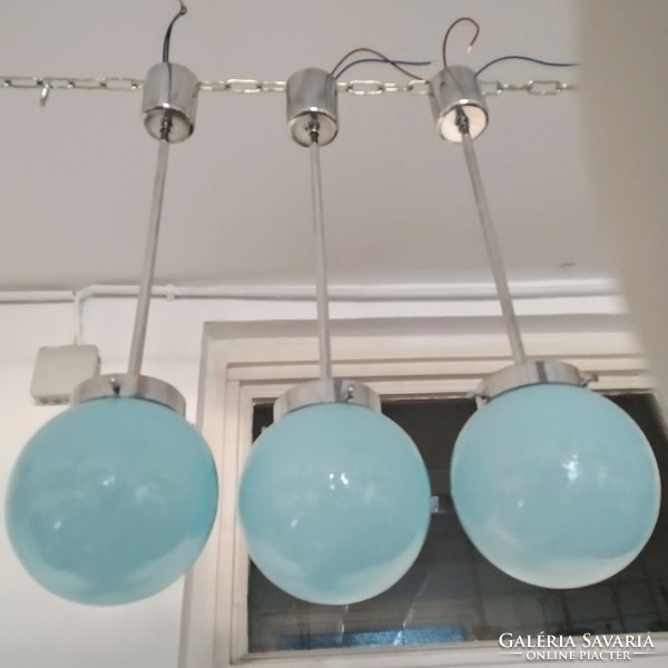 Bauhaus - Art deco menyezeti lámpa trió felújítva - kék gömb búra