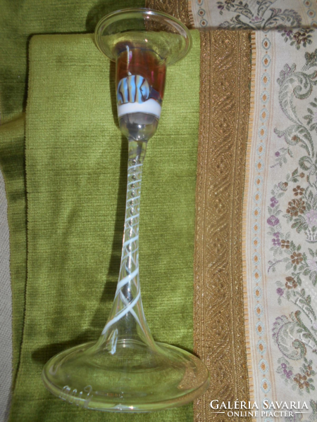 Murano candlestick, glass spiral in the stem, glass mosaic decoration in the upper part marked by the master