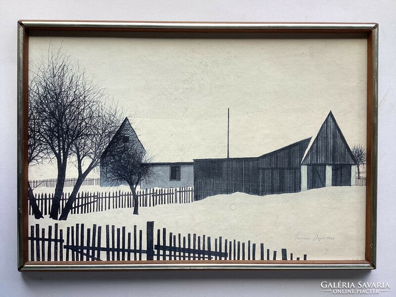 Lithograph by Jacques deperthes, barn and farmhouse.