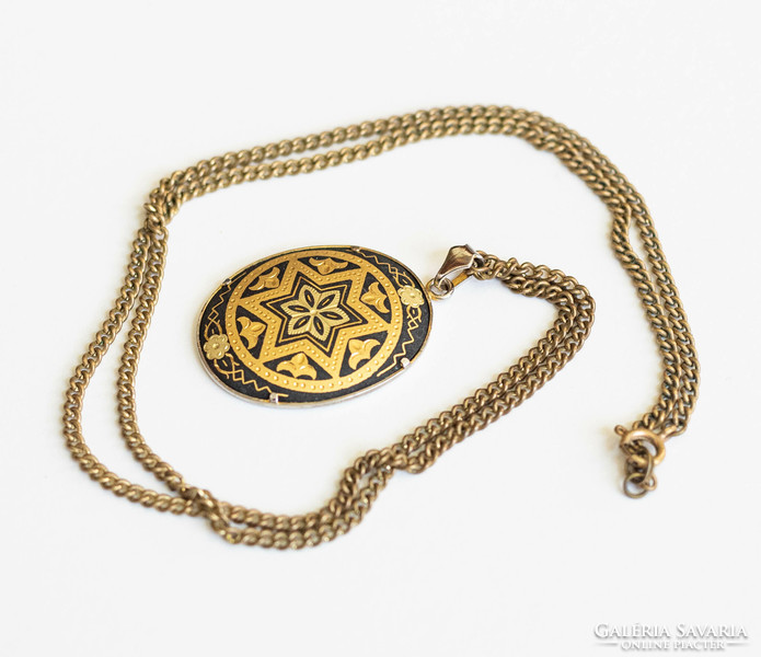 Vintage toledói medál Dávid csillag mintával aranyszínű lánccal - spanyol damaszkén damascene nyakék