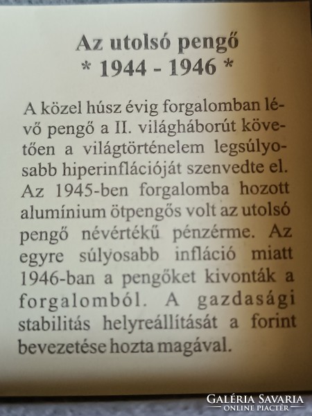 A magyar nemzet pénzérméi Az utolsó pengő 1944-1946 .999 ezüst